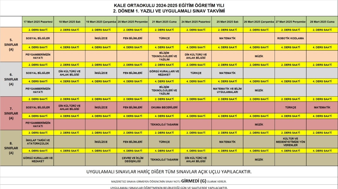 Kale Ortaokulu 2. Dönem 1. Yazılı ve Uygulamalı Sınav Takvimi.